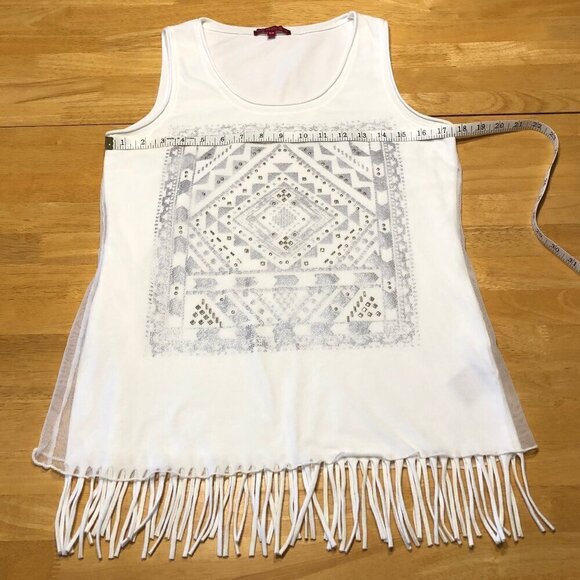 San Fransisco White Fringed Tank Top Sheer Scoop Neck Festival Summer Women's M - Picture 13 of 16